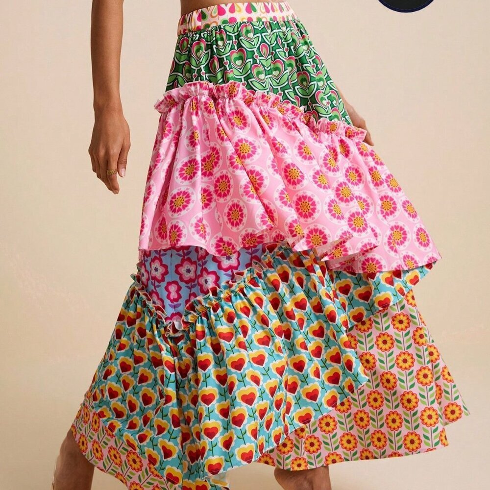Multicolor Boho Women's Patchwork Asymmetric A-Line Floral Tiered Skirt - Picture 4 of 7